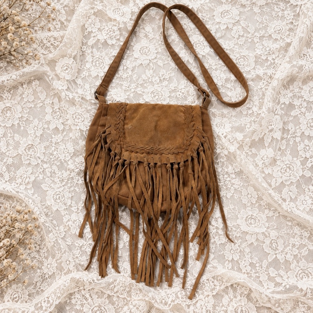Y2K American Eagle Brown Suede Fringe Crossbody Bag Boho Western Purse Festival